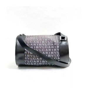 Auth Bvlgari Charcoal-Black Denim Macadam 2way Logo Mania Crossbody Cylinder Bag